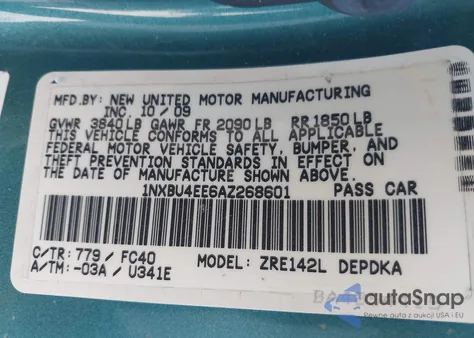 2010 Toyota Corolla Le from USA, damaged, VIN 1NXBU4EE6AZ268601